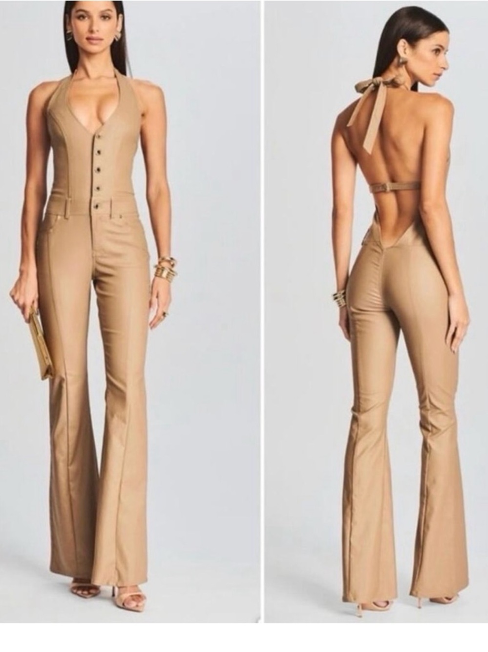 Retrofete Camel Halter Backless Wide-Leg Jumpsuit